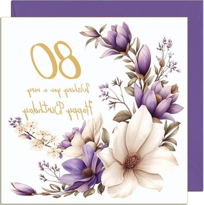 Elegante 80e verjaardagskaart Paarse & Witte Bloemen - Floral Classy Verjaardagskaart voor 80 Jaar oud 80 Jaar 80