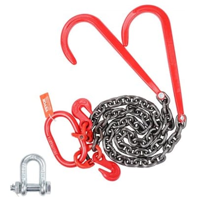 VEVOR G80 V-snaarketting, 3/8 inch x 3 voet sleepketting met 15 inch J-haak en grijphaak, zware transportsleepketting met een veilige werklast van 7800 lbs voor het bergen van opleggers