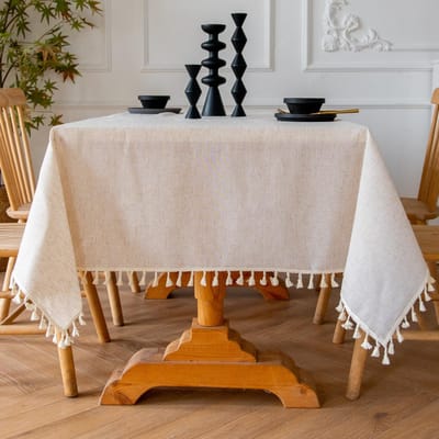 Tafelkleed Beige Kwastjes Tafelkleed Keuken Feest Bruiloft Decor Katoen Linnen Stof Effen Kleur Rechthoekig Natuurlijk Duurzaam 100x160cm