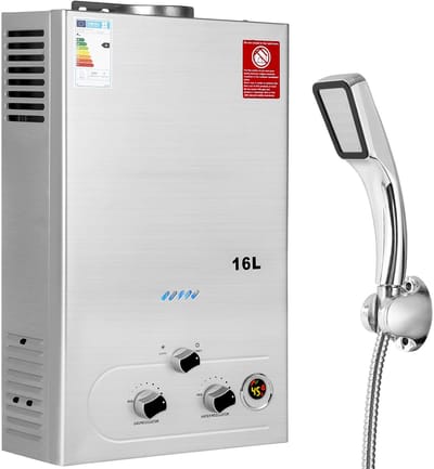 16LPM Gas Doorstroomverwarmer, 32KW LPG Waterverwarmer Gasdoorstroomverwarmer, Werkt bij Lage Waterdruk Met Propaan en Butaan, Geschikt voor Thuis Campers