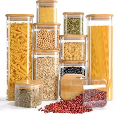 Set van 10 glazen voorraadpotten met deksel, hoekige voorraadpotten 2500ml/1500ml/750ml/350ml, grote luchtdichte glazen voorraadpotten, keukenkruidenpotten voor spaghetti, muesli, meel, kruiden