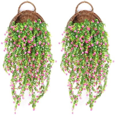 Dailygoods - Kunstplanten, hangende kunstplanten, 2 stuks, kunstbloemen, hangende kunstbloemen, voor bruiloft, tuin, wanddecoratie (roze)