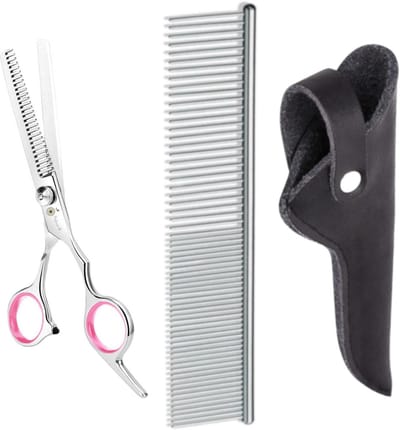 Professor Q Professionele Effileerschaar – Uitdunschaar voor Hondenvacht – RVS – Roze met Luxe Lederen Etui – 16,5 cm – Zwart + Anti-Klit Kam – Pijnloos & Huisdiervriendelijk