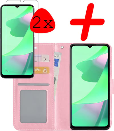 Hoesje Met 2x Screenprotector - Geschikt voor OPPO A16 - Luxe Pasjeshouder - Bookcase Portemonee - Flip Case - Kunstleer Book Case - Flipcase Hoes - Book Cover - Walletcase - Portemonneehoes - Lichtroze