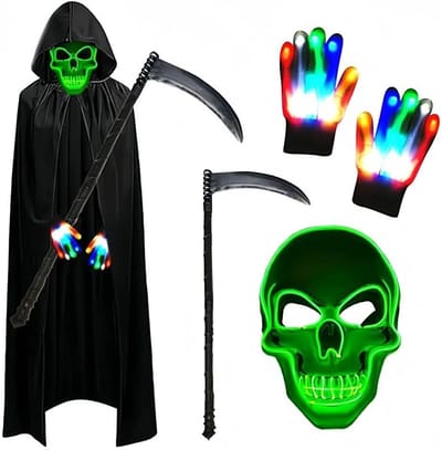 Halloween Kostuum Set voor Jongens en Volwassenen, Luminous Masker, Sensenman Cape, Schorpioen en Glow Handschoenen voor Feest, Carnaval en Cosplay