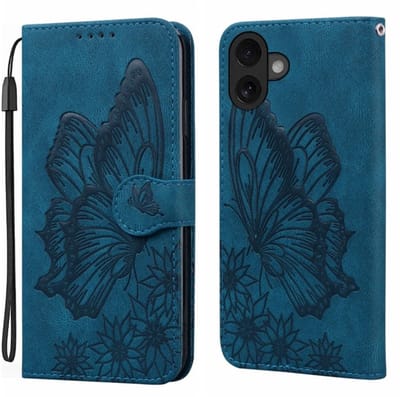BoekCover Etui Hoes geschikt voor Apple iPhone 17 - Blauw - Vlinder - Reliëf