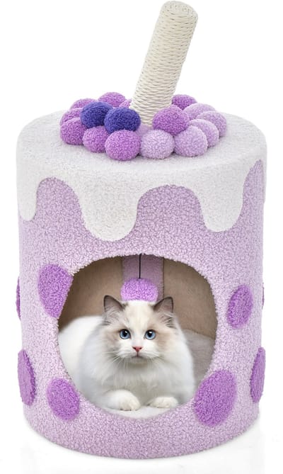 COSTWAY Krabpaal, schattige melktheevorm, kattenboom met sisalpalen en speelballen, kattenkrabpaal met holletjes, speelton voor katten, kattenmeubels, krabtoren, 37 x 37 x 67 cm (paars)