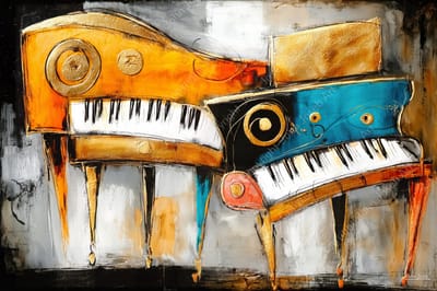 John Joseb Art (Aluminium) 120x80 | 2 PianoÂ´s, artistiek abstract, kleurrijk, muziek, kunst | piano muziekinstrument, goud, rood, bruin, blauw, modern | foto-schilderij op dibond, metaal wanddecoratie