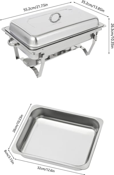 Roestvrijstalen Buffetschaal Met Deksel - Voedselwarmer Voor Catering - 1 x 9L Voedselbak - Verwarmde Opslag voor Buffet, Feest & Horeca - Inklapbare Standaard - Voedselpan Van 410 RVS - Rechthoekig - Makkelijk Schoon Te Maken