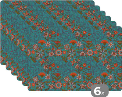 Placemat - Placemats kunststof - Bohemian - Bloemen - Oranje - Retro - Design - 45x30 cm - 6 stuks - Hittebestendig - Anti-Slip - Onderlegger - Afneembaar