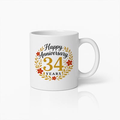Gelukkige 34e Jubileum Mok - Prachtige Bloemenkrans Koffiebeker voor Speciale Viering Cadeau