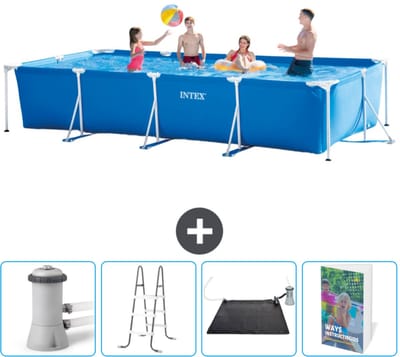 Intex Rechthoekig Frame Zwembad - 450 x 220 x 84 cm - Blauw - Inclusief Zwembadfilterpomp - Ladder - Solar Mat - Zwembadgids