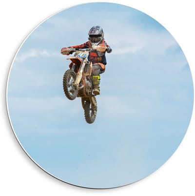 KuijsFotoprint - Schilderij - Motorcrosser In De Lucht - Wit, Blauw En Rood - 40 X 40 Cm