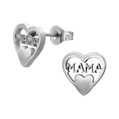 Zilver kleurige stainless steel hart met tekst MAMA dames oorbellen | chirurgisch staal | hypoallergeen | Zilverana | RVS