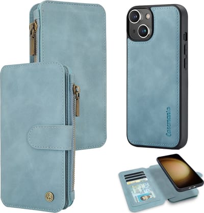 Casemania Hoesje Geschikt voor Apple iPhone 15 - Aqua Blue - 2 in 1 Magnetic Book Case met Rits