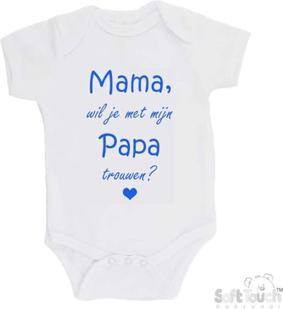 100% katoenen Romper "Mama, wil je met mijn Papa trouwen?" Jongens Katoen Wit/blauw Maat 56/62