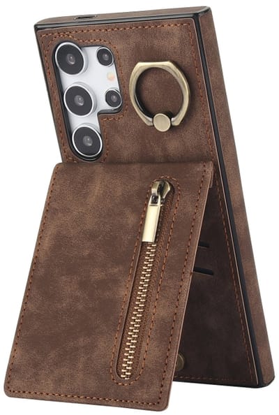 Voor Samsung Galaxy S24 Ultra 5G Retro Ring en Rits RFID Kaartsleuf Telefoonhoesje (Bruin)