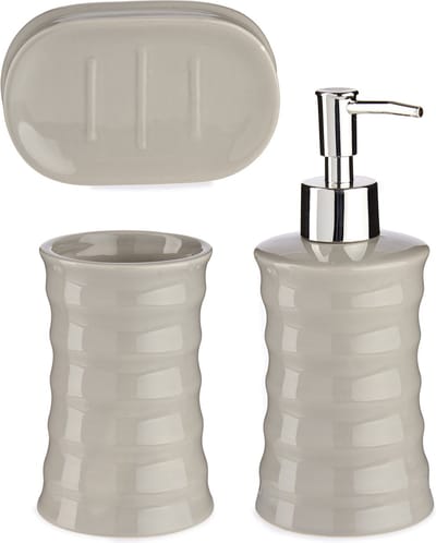 Badkamer accessoires set met strepen 3-delig kiezel grijs van keramiek - Schaaltje - Zeeppompje - Beker