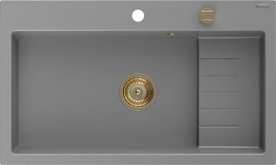 Mexen Omar granieten spoelbak 1-kamer 800 x 480 , grijs, gouden sifon - 6520801005-71-G