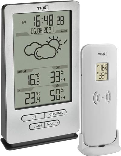 draadloze weerstation - voor en optimaal woonklimaat - temperatuur en luchtvochtigheid binnen en buiten - weersverwachting - zendergestuurde klok - zilver - (L)82x(B)27x(H)140mm