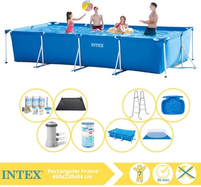 Intex Rechthoekig Frame Zwembad - 450 x 220 x 84 cm - Blauw - Inclusief Solarzeil - Onderhoudspakket - Zwembadfilterpomp - Filter - Grondzeil - Solar Mat - Ladder - Voetenbad - 9-delig