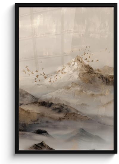 Poster in lijst - Fotolijst 60x90 cm - Posters - Berglandschap - Mist - Penseelstreken - Posterlijst zwart - Decoratie - Wanddecoratie woonkamer - Muurdecoratie slaapkamer