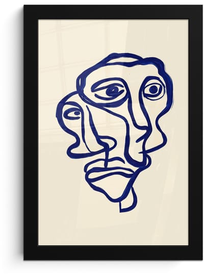 Poster in lijst - Fotolijst 20x30 cm - Posters - Lijntekening - Overlappende gezichten - Donkerblauw - Posterlijst zwart - Decoratie - Wanddecoratie woonkamer - Muurdecoratie slaapkamer