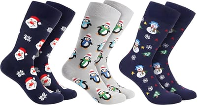 BRUBAKER 3 paar kerstsokken - grappige sokken met kerstmotieven - katoen - heren en dames cadeau Kerstmis - uniseks katoenen sokken in eenheidsmaat maten, sneeuwpop, pinguïns en kerstman, EU 35-40
