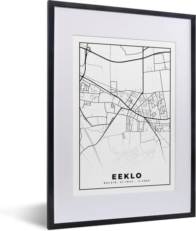 Fotolijst incl. Poster Zwart Wit- Zwart Wit – België – Plattegrond – Stadskaart – Kaart – Eeklo - 30x40 cm - Posterlijst