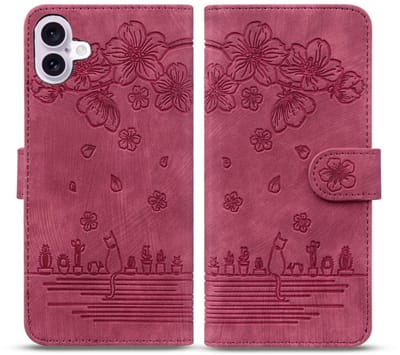 BookCover Hoes Etui geschikt voor Apple iPhone 17 - Rood - Bloemen Kat - Reliëf