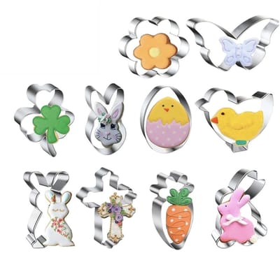 Dailygoods- Uitsteekvormen 10 Stuks - Roestvrij Staal - Koekjessnijders - Paasdecoratie - Hazen/Paaseieren/Klaver/Wortel/Kuiken/Vlinder - Eenvoudige Koekjesbereiding - Koekjesvormpjes