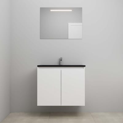 On-Line Badkamermeubelset - 80 cm - Bouwpakket - Greeploze Ladestructuur - Acryl Wastafel - 1 Kraangat - Spiegel met LED-Verlichting - Hoogglans Wit