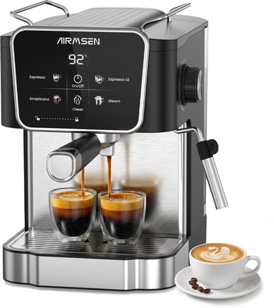 AIRMSEN Espressomachine / Pistonmachine - 20 Bar - Touchscreen & Zelfreinigend - 1- & 2-Kops - Met Stoompijpje - Zwart