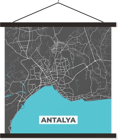 Posterhanger incl. Poster 60x60 cm - Schoolplaat - Antalya - Stadskaart - Plattegrond - Blauw - Kaart - Textielposter - Zwarte latten - Stadskaart