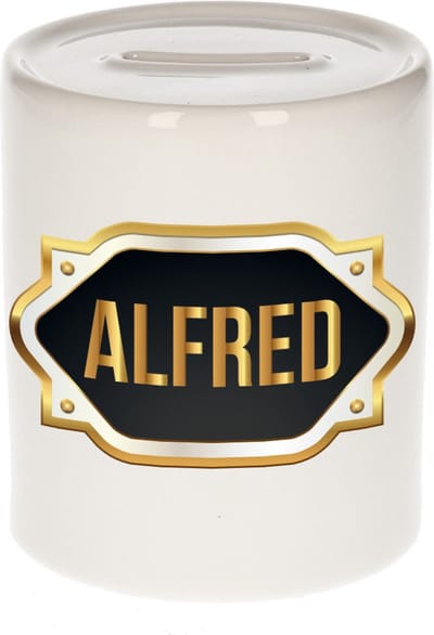 Spaarpot met voornaam Alfred - wit - met goud/zwart embleem - 8 x 9 cm - keramiek - met afsluitdop - cadeau verjaardag