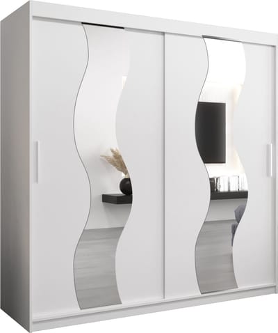 InspireMe - Kledingkast met 2 schuifdeuren, Modern-stijl, Een kledingkast met planken en een spiegel (BxHxD): 200x200x62 - REESE 200 Wit Mat