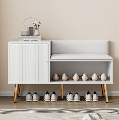 DESMIU Schoenenkast - Schoenenbank Met Rugleuning En Opbergruimte - Voor Hal En Entree - Spaanplaat En Metaal - 100x38x58 Cm - Wit