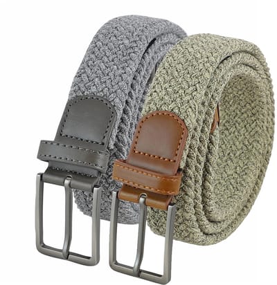 Landley Voordeelset Gemêleerde Elastische Riemen Grijs & Beige – Luxe Gevlochten Stretch Riemen - Dames & Heren - Duopack - Lengte totaal 110 cm / Riemmaat 95