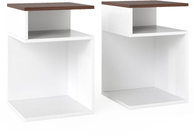COSTWAY Bijzettafel hout set van 2, 3 niveaus banktafel, nachtkastje, modern, voor woonkamer en slaapkamer, 33 x 33 x 50 cm (wit + walnoot)