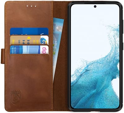 Rosso Deluxe Echt Leer Book Case Hoesje Geschikt voor Samsung Galaxy S22 | Ruimte voor drie pasjes | Portemonnee Book Case | Met Pasjeshouder | Bruin