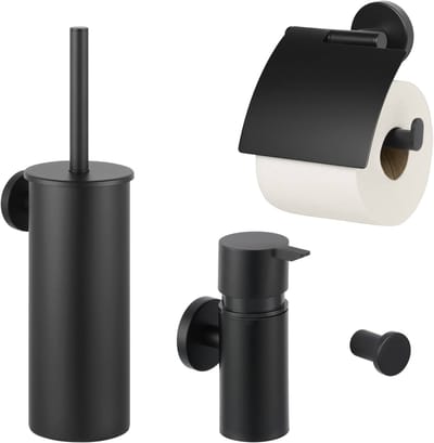 Saqu Nemo 4-delige Badkamer Accessoires - Mat Zwart - WC Borstel, Toiletrolhouder, Zeepdispenser en Handdoekhaak