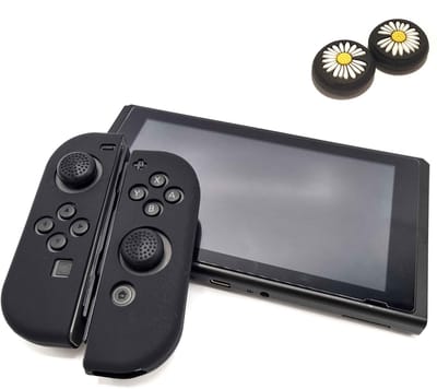 Gadgetpoint - Hoesjes & Skins + Thumb Grips voor Nintendo Switch 1 - Performance Gaming Case - Soft Grip Covers - Anti-Slip Joy-Con Controller Accessoires - Zwart + Bloemetjes Zwart met Wit