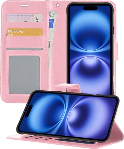 Hoesje - Geschikt voor Apple iPhone 16 - Luxe Bookcase - Walletcase Hoes - Portemonnee - Cover - Telefoonhoes - Lichtroze