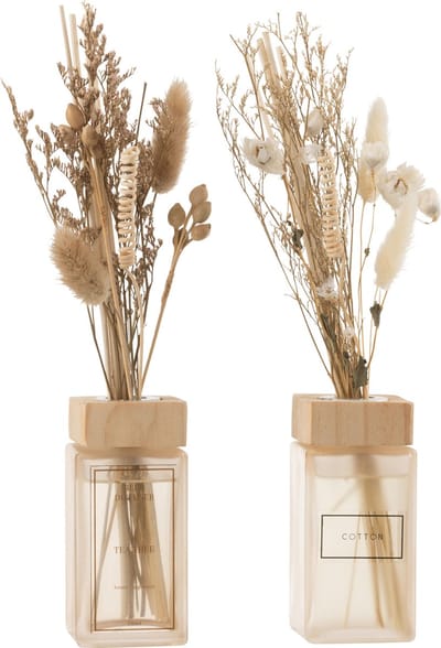 J-Line geurstokjes + bloemen - glas - naturel - 2 stuks