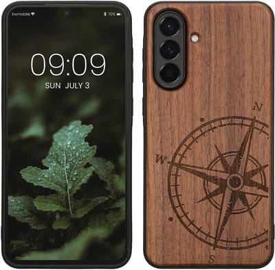 kwmobile telefoonhoesje geschikt voorSamsung Galaxy A56 5G - Hoesje met bumper - hout - In donkerbruin Vintage Kompas design