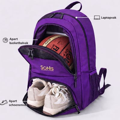 SoNis - Ultieme Voetbaltas - Voetbalrugzak met schoenen vak en bal vak - lichte Sportrugzak - Jongens en Meisjes - Basketbalrugzak - Waterdicht - Basketbal - Volleybal - Voetbal - Zwart/Paars