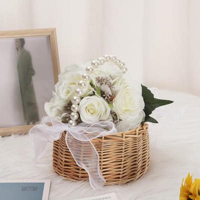 Geweven Bloemenmand - Paasmand Decoratie - Bruiloft Decoratie - Met Parelhandvat - 15x20 cm - Niet gespecificeerd