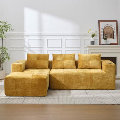 DESMIU Hoekbank 258 Cm - L-Vormige 3-Zits Met Bekerhouders En 3 Kussens - Voor Woonkamer Appartement En Wachtruimte - Chenille Geel