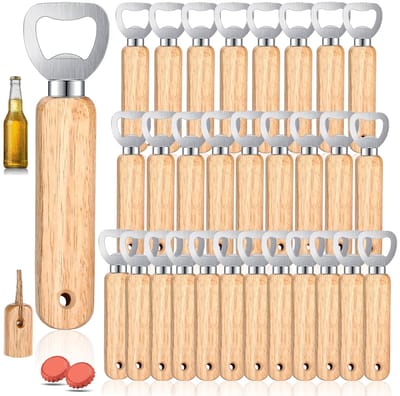Dailygoods - 30 stuks flessenopener, hout, houten handvat, bierflesopener, draagbare flesopener met gaten, gepersonaliseerde bierflesopener met houten handvat, voor thuis, keuken, bar