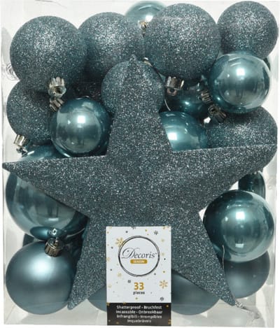 Decoris kerstballen set - 34-dlg - ijsblauw - incl. piek - kunststof - kerstversiering